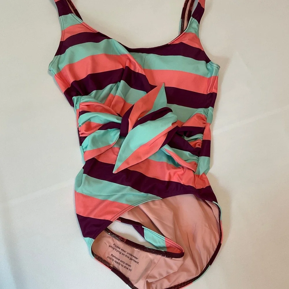 Tanya Taylor One Piece Swimsuit Womens M Multicolor Excellent Striped Knot Front